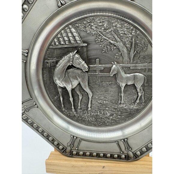 Vintage Pewter Plate Wall Hanging Embossed Mare and Foal KISKIN Belgium Octagon - Picture 3 of 10